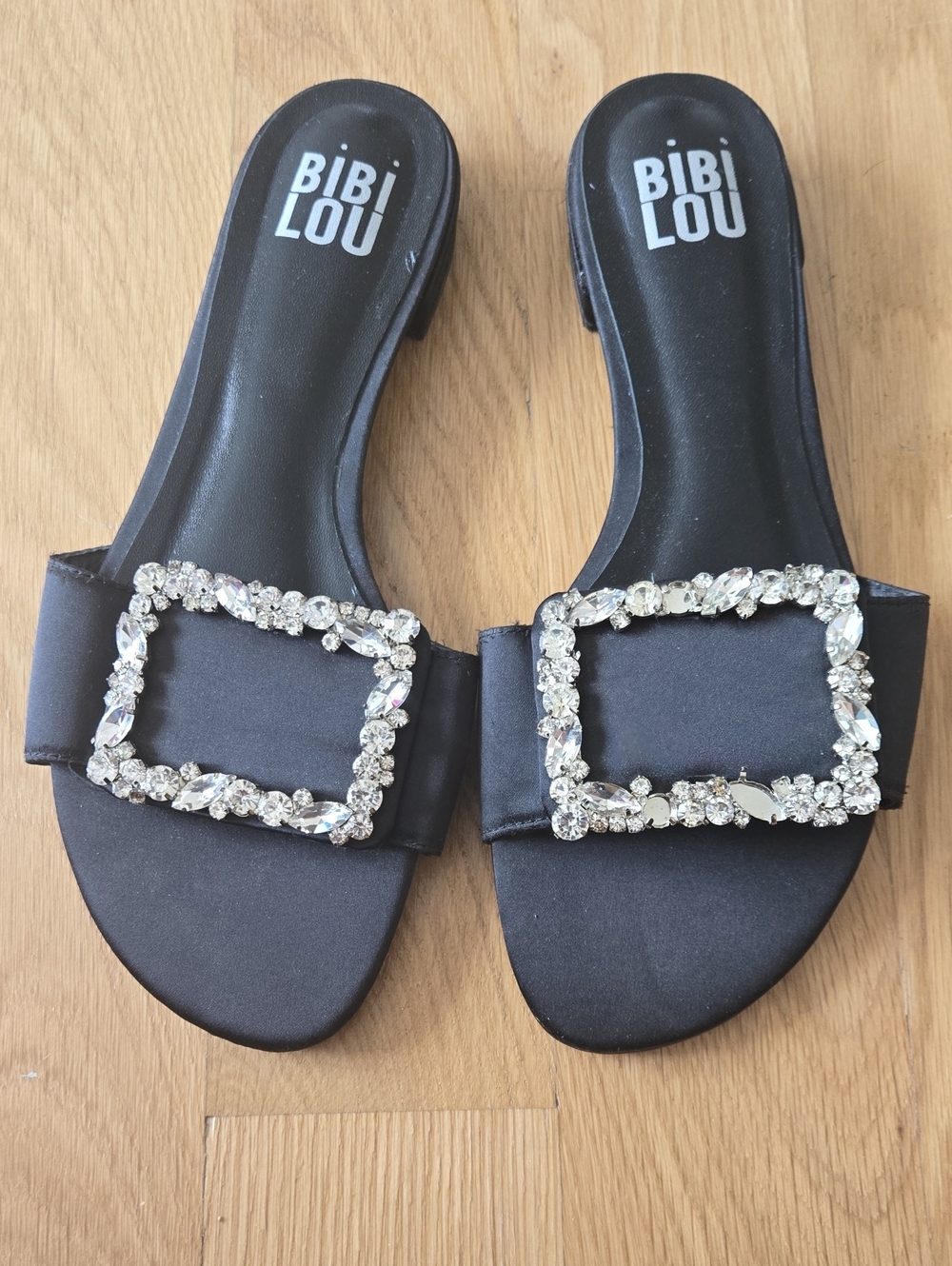 Bibi Lou black satin slide sandals with rectangular rhinestone buckle SZ9